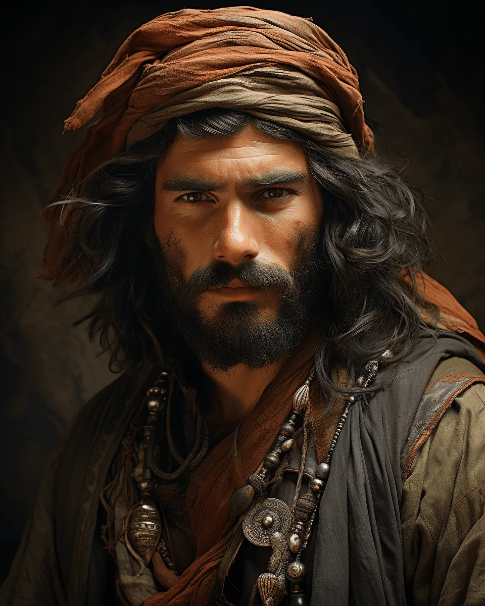Man in his late 30s, Ottoman art style, olive-skinned, dark and wavy hair, deep brown eyes, mustache and short beard, well-tailored earth-toned clothing, traditional Ottoman or Turkish garments like a fez, baggy trousers, and a tunic, intricate Ottoman patterns, wisdom and curiosity by Ted Tschopp